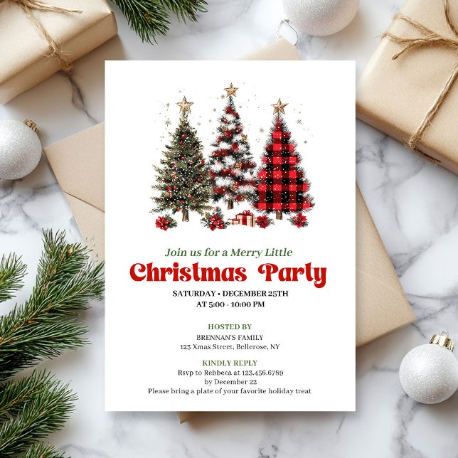 Invitaciones de árbol de Navidad de cuadros rojos  (Festive red plaid buffalo Christmas tree invitation)