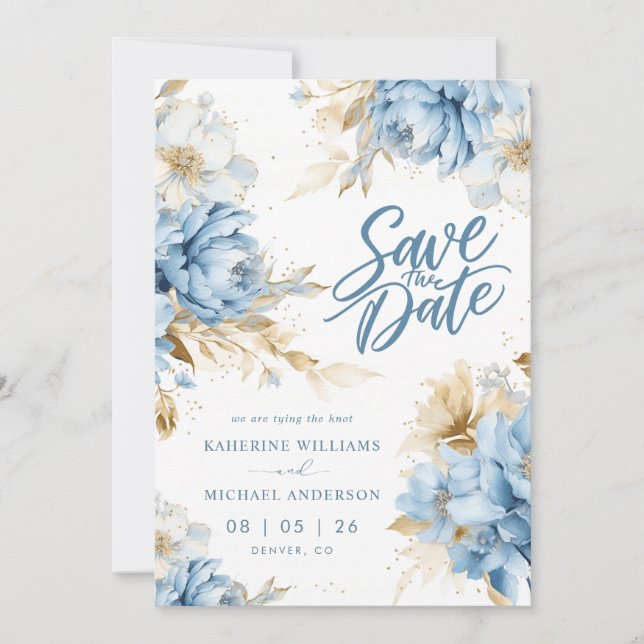 Invitaciones de Aviso de Fecha de Azul Pastel Blan (Anverso)
