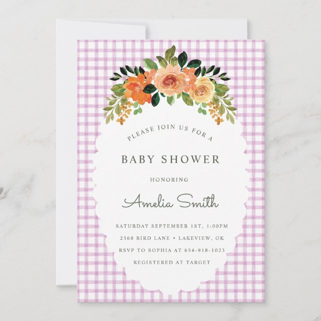 Invitaciones de baby shower a cuadros florales de  (Anverso)