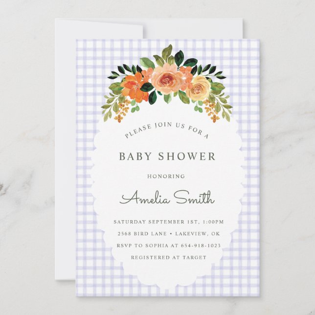 Invitaciones de baby shower a cuadros florales de  (Anverso)