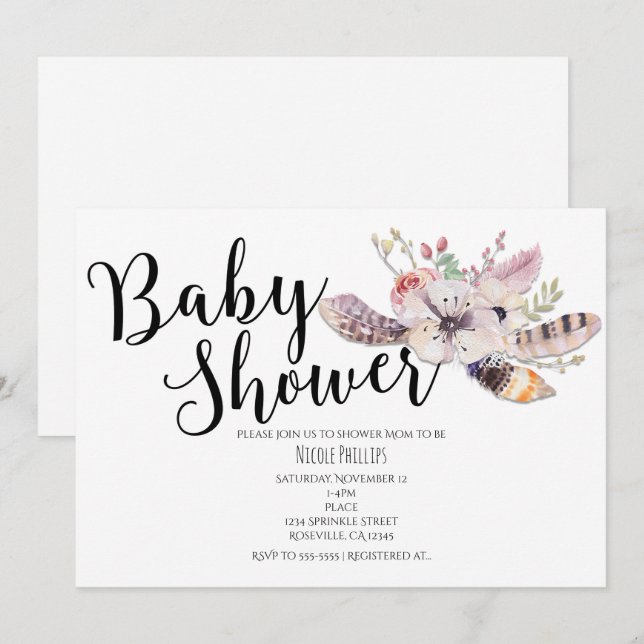 Invitaciones de baby shower boho chic con flores b (Anverso / Reverso)
