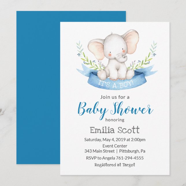 Invitaciones de Baby Shower con bebé elefante (Anverso / Reverso)