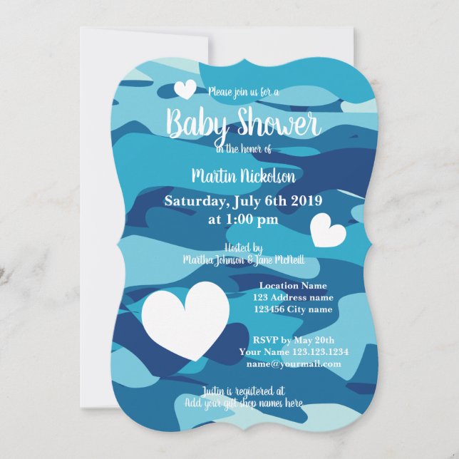 Invitaciones de baby shower con camuflaje de ejérc (Anverso)