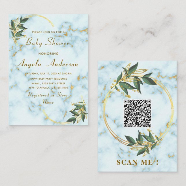 Invitaciones de Baby Shower con Código QR de Mármo (Anverso / Reverso)