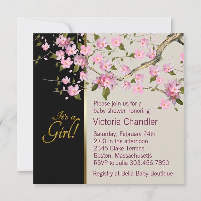 Invitaciones de Baby Shower con Flor de Cerezo Ros (Anverso)