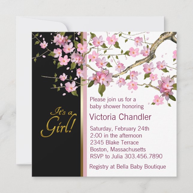 Invitaciones de Baby Shower con Flor de Cerezo Ros (Anverso)