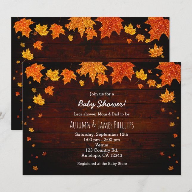 Invitaciones de Baby Shower con Hojas Brillantes d (Anverso / Reverso)