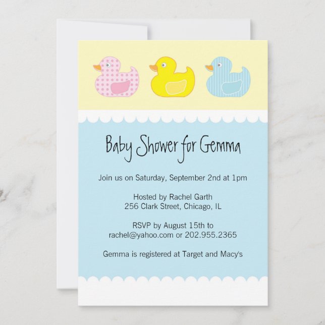 Invitaciones de Baby Shower con los patos (Anverso)
