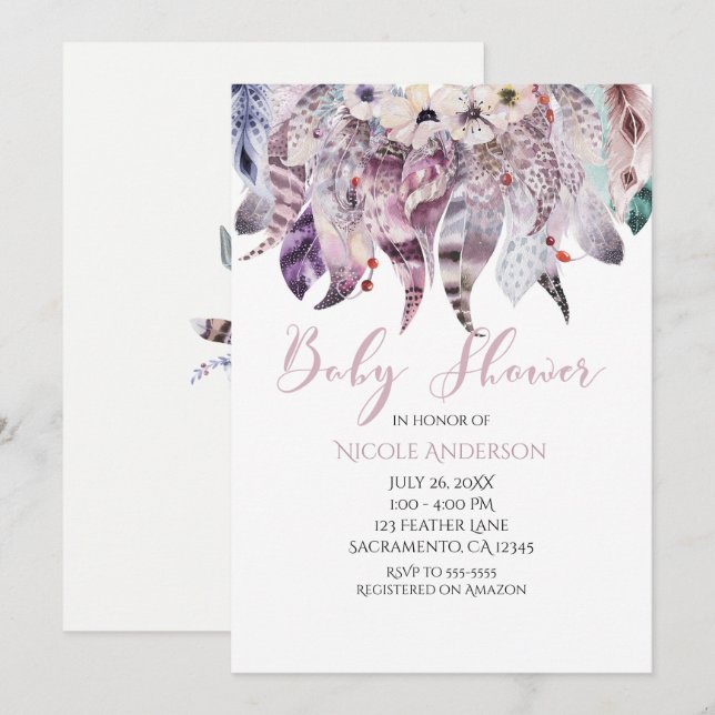 Invitaciones de Baby Shower con Plumas Boho Bohemi (Anverso / Reverso)