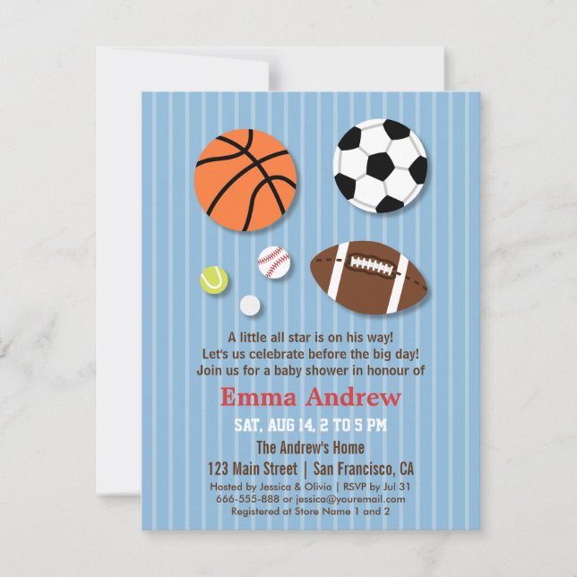 Invitaciones de Baby Shower con Tema de Deportes (Anverso)