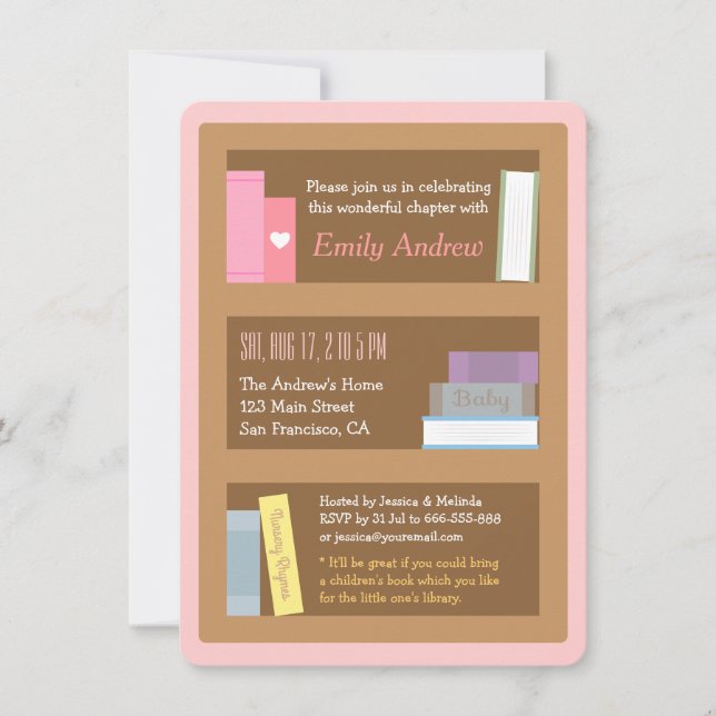 Invitaciones de baby shower con tema de libros (Anverso)