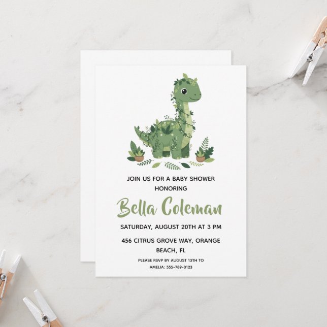 invitaciones de baby shower de dinosaurio bebé con (Anverso/Reverso In Situ)