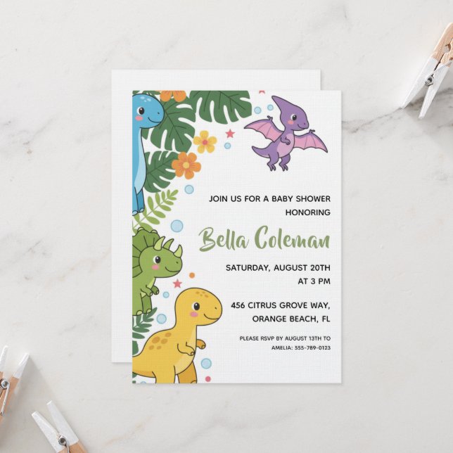 Invitaciones de baby shower de dinosaurio bebé con (Anverso/Reverso In Situ)