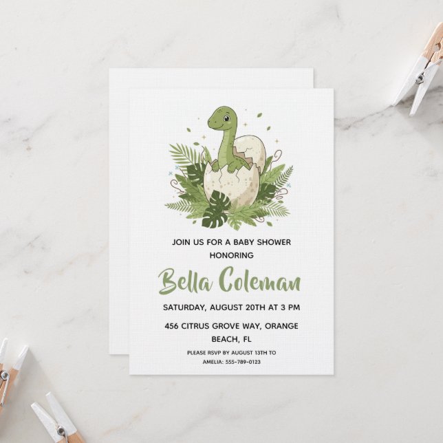 Invitaciones de baby shower de dinosaurio bebé con (Anverso/Reverso In Situ)
