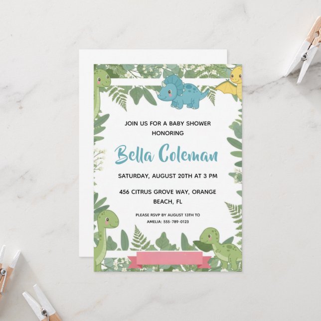 Invitaciones de baby shower de dinosaurio bebé con (Anverso/Reverso In Situ)