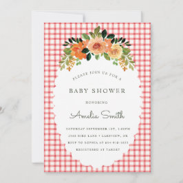 Invitaciones de baby shower de gingham floral rojo