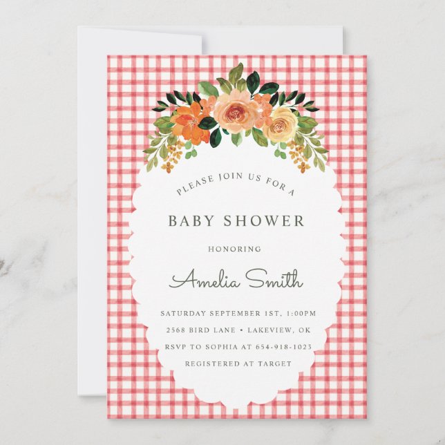Invitaciones de baby shower de gingham floral rojo (Anverso)