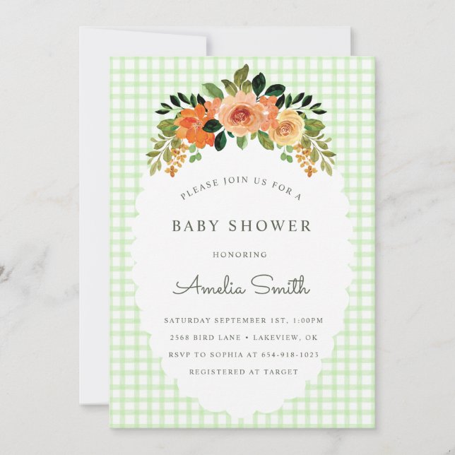 Invitaciones de baby shower de Gingham Verde Musgo (Anverso)