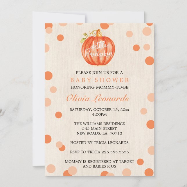Invitaciones de Baby Shower de la calabaza de la (Anverso)
