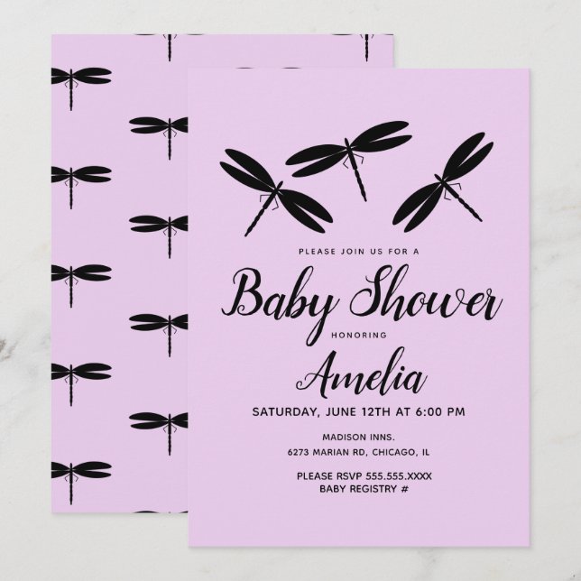 Invitaciones de Baby Shower de Libélulas Negras  B (Anverso / Reverso)