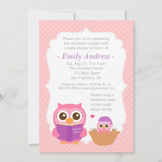Invitaciones de Baby Shower de Niña con Búho Lindo (Anverso)