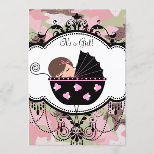 Invitaciones de baby shower de niña con camuflaje 