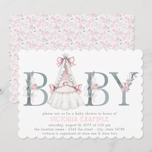 Invitaciones de baby shower de niña con flores en  (Anverso / Reverso)