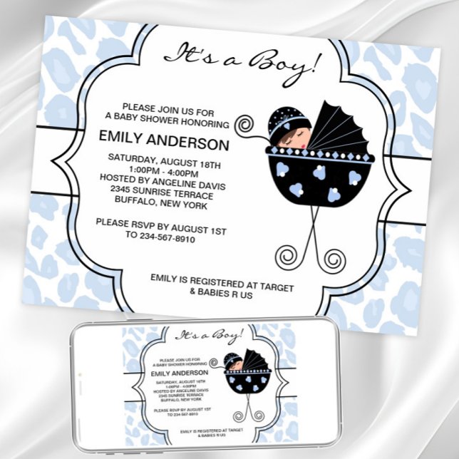 Invitaciones de Baby Shower de Niño Leopardo Negro (Sweet carriage baby shower invitation. Instant download and printed invitations available.)