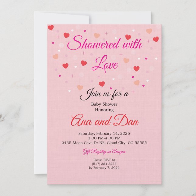 Invitaciones de Baby Shower de San Valentín Rosada (Anverso)