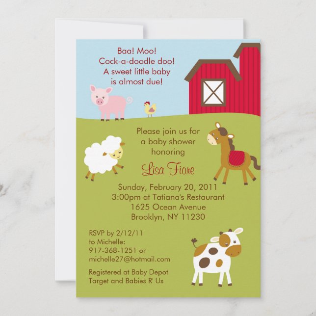 Invitaciones de Baby Shower del animal del campo (Anverso)