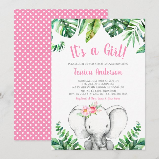 Invitaciones de Baby Shower del chica del elefante (Anverso / Reverso)