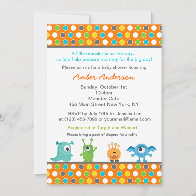 Invitaciones de Baby Shower del monstruo (Anverso)