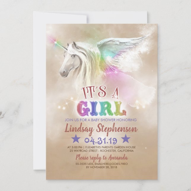 Invitaciones de Baby Shower del unicornio (Anverso)