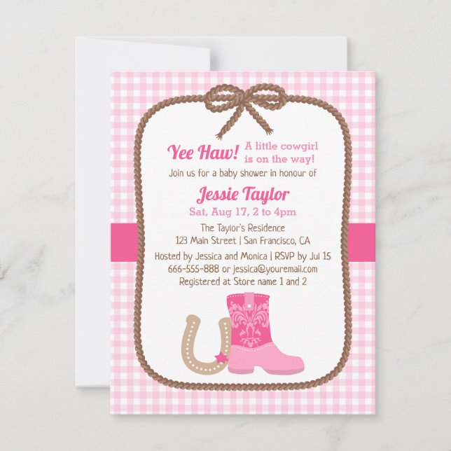 Invitaciones de baby shower occidentales rosadas (Anverso)
