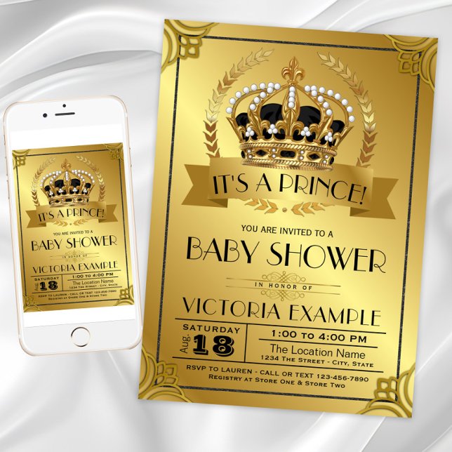 Invitaciones de baby shower para príncipe de lujo  (Black gold prince baby shower invitation. Instant download and printed invitations available.)
