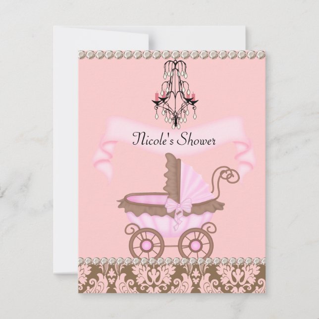 INVITACIONES DE BAÑO DE BEBÉ NIÑA DAMASCO ANTIGUO (Anverso)