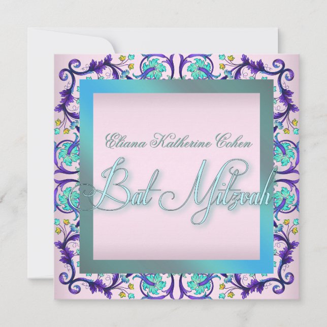 Invitaciones de Bat Mitzvah azules turquesa rosada (Anverso)
