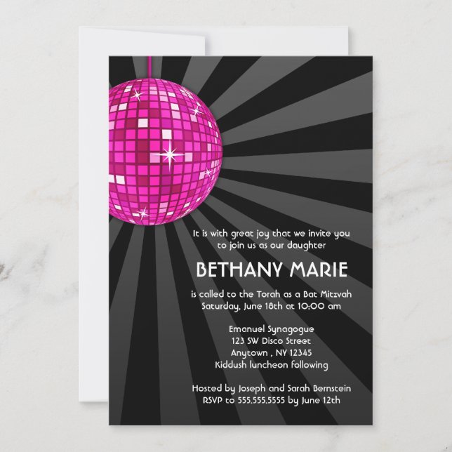 Invitaciones de Bat Mitzvah de Bola de Disco Rosa (Anverso)