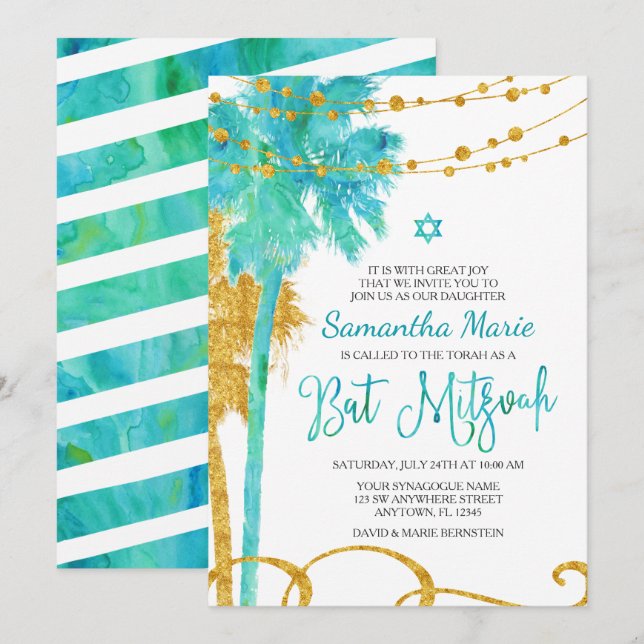 Invitaciones de Bat Mitzvah de Playa con Acuarela  (Anverso / Reverso)