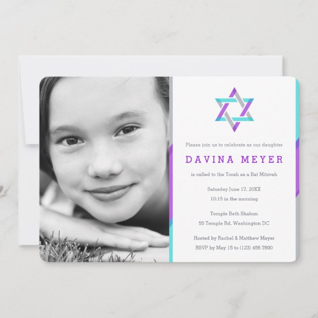Invitaciones de Bat Mitzvah | Púrpura + Verde azul (Anverso)