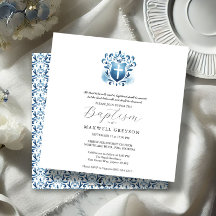 Invitaciones de bautismo cuadrado Escudo azul reli