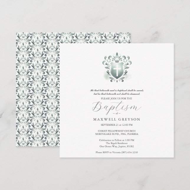 Invitaciones de bautismo cuadrado sage Escudo verd (Anverso / Reverso)