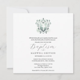 Invitaciones de bautismo cuadrado sage Escudo verd