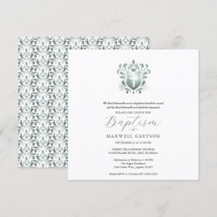 Invitaciones de bautismo cuadrado sage Escudo verd