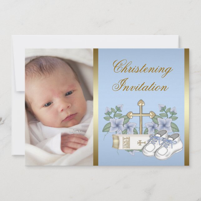 Invitaciones de bautizo con foto de bebé niño en a (Anverso)