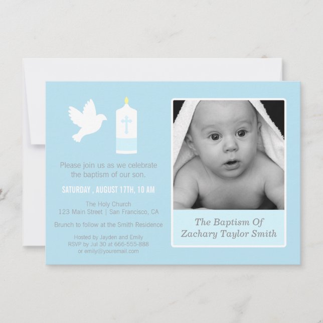 Invitaciones de Bautizo con Foto de Paloma y Vela  (Anverso)