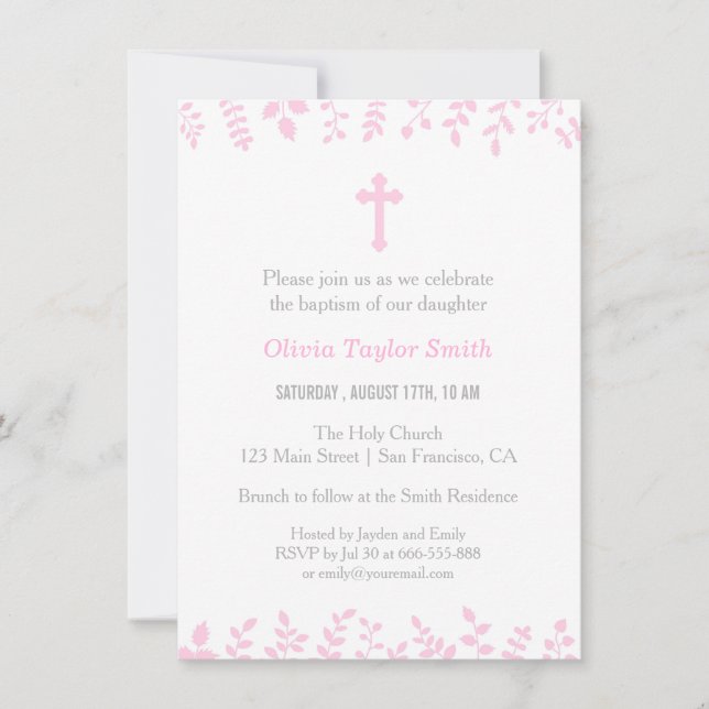 Invitaciones de Bautizo con Hojas Rosadas Elegante (Anverso)