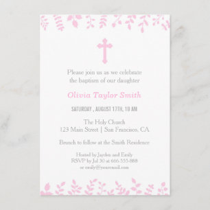 Invitaciones de Bautizo con Hojas Rosadas Elegante