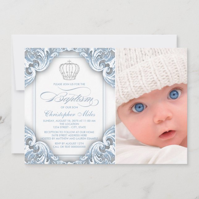 Invitaciones de Bautizo Corona Príncipe Baby Blue (Anverso)