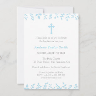 Invitaciones de Bautizo Cruz de Hojas Azules Elega